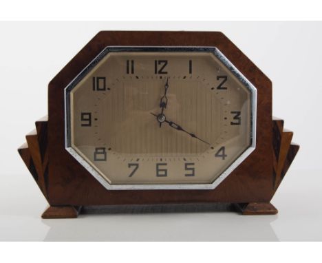 Art Deco walnut mantel clock, 14cm, another walnut, and an oak, (3).