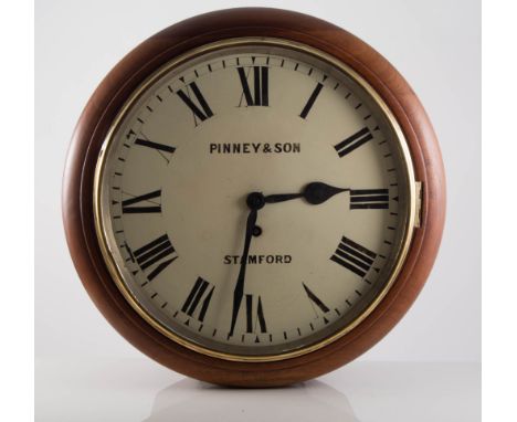 Pinney & Sons, Stamford, fusee wall clock. 11" cream enamel dial with a Roman numeral chapter ring, brass frame to glass, mah