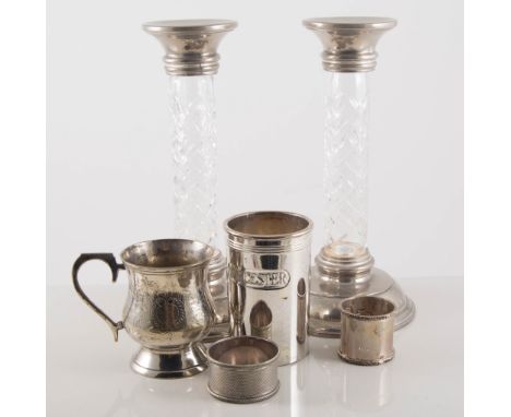 Tray of assorted silver plated wares, candlesticks with glass stems, toast racks, bottle coasters, "Tomato Ketchup" and "Worc