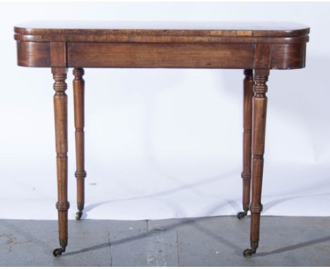 George III mahogany card table, fold over top, baize lined, (damage and warped), width 92cm.