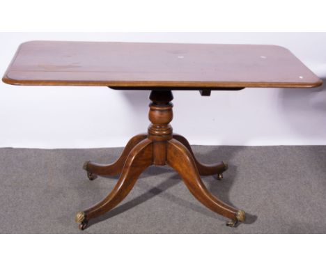 Victorian mahogany breakfast table, rectangular tilt top, with rounded corners, winged column, tripod legs, 134cm x 67cm.
