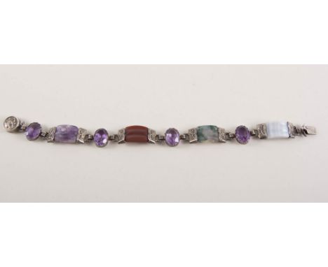Celtic design agate bracelet, four oval faceted amethyst 12mm x 9mm, individually set and spaced by 22mm bars of carnelian, m