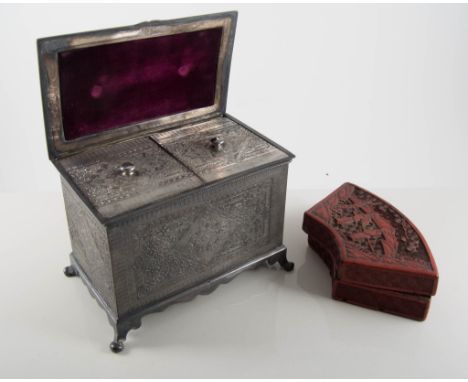Pewter Chinese tea caddy, 13cm, together with a pewter box and cover, marked, a lacquer box and cover, and a Russian lacquere