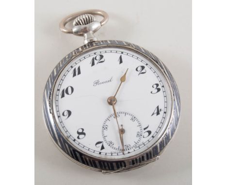 Rocau open faced pocket watch, white enamel dial with an arabic numeral chapter ring and subsidary seconds dial in a silver c