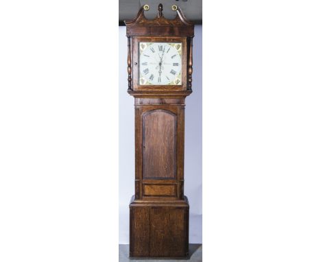 Georgian oak longcase clock, painted dial, signed I. Burton, Ulverston, with shell spandrels with a date aperture, thirty hou