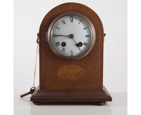 Mahogany cased shelf clock, white enamel Roman dial, twin train movement striking on a gong, domed top to case, satinwood she