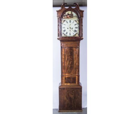 Early Victorian mahogany longcase clock, arch painted dial signed T.O. Gibson, Kirklees, the lunette design with St Jerome, t