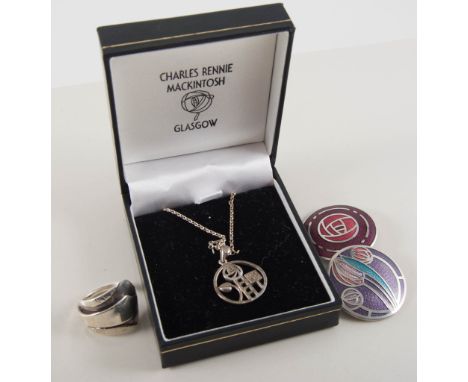 Charles Rennie Mackintosh inspired modern jewellery, a Cairn CRM Nouveau wrist watch, a matching suite of silver brooch and p