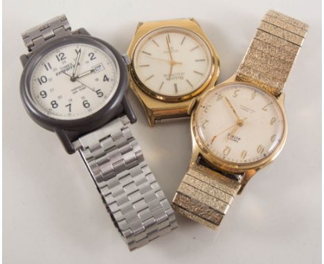 A men's Smiths Astral gold-plated wrist watch, two Timex Expedition watches, a Bulova watch, Omega dial and movement, penknif