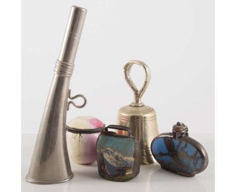 Five enamelled patch boxes and others, purse-shaped perfume bottle, etc.