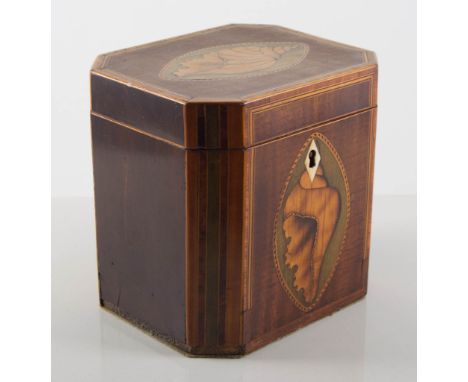 Georgian inlaid mahogany tea caddy, canted corners with banding and stringing and shell marquetry ovals, 12cm.