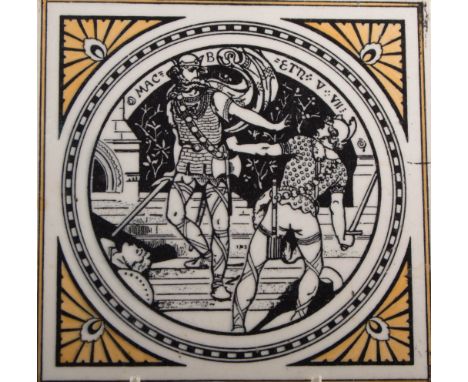 A commemorative plate depicting Baden Powell, together with two Minton tiles by John Moyr Smith, and another tile, (4).