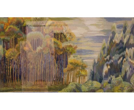 Edwardian woolwork panel, long-stitch panel, Woodland scene, 48 x 73cms.