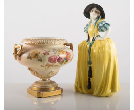 Royal Doulton figure, "Patricia", 21cms and a Royal Worcester pedestal vase, (no lid), (2).