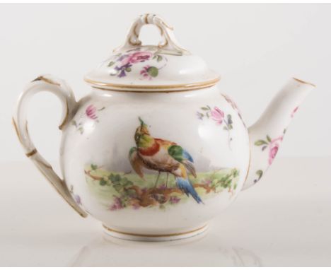 Small Royal Worcester tea pot, 1920, printed decoration, 10cm, and a Royal Worcester peach ground bottle vase, patter no.1528