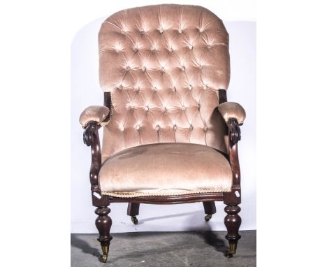 Victorian mahogany armchair, hoop-back, button dralon, turned legs., width 71cm.