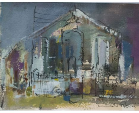 Leslie Goodwin, architectural mixed media, 16 x 21cms, raised mount, gilt framed.