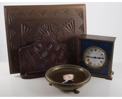 Lapis effect and brass mantel clock, quartz movement, 15cm, a teak barrel-shape container, other wooden items and a continent