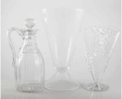 Edwardian flared vase, conical foot, height 31cms, a cut-glass flared vase and a Victorian decanter, (3).