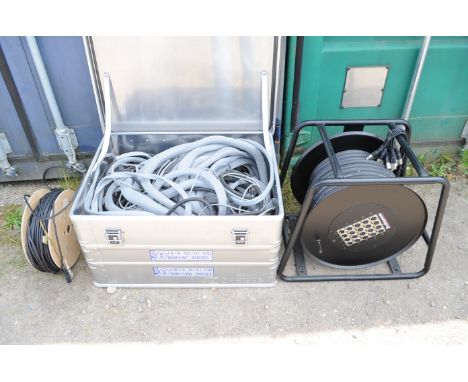 A Large Quantity of Outside Broadcast Cabling, video, audio and power cabling in a large Zarges metal trunk, a drum and other