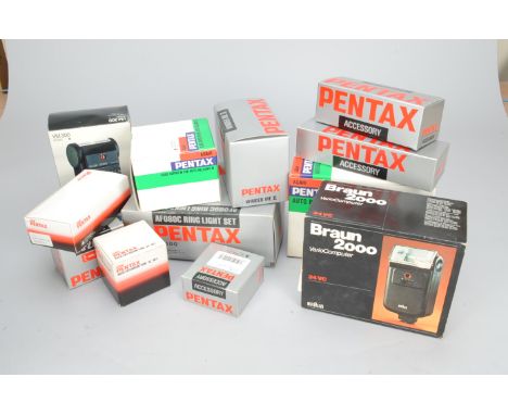 A Group of Pentax Close-up and Other Accessories, an AF080C Ring Light set, an Auto Bellows M set, a Slide Copier M, an Auto 