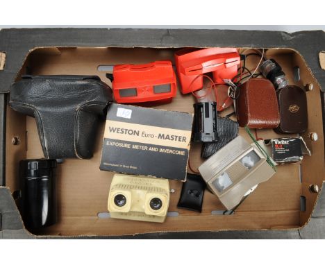 Light Meters and View Masters, including a Western Euro-Master, other meters, five Viewmasters and a Nikon ever ready case  