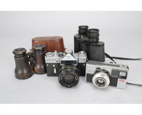 A Group of Cameras and Accessories, a Zenit EM SLR camera, a Braun Paxette 28 LK 126 cartridge camera, Fuji Finepix Z90 and 4