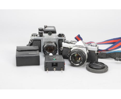 Pentax and Olympus SLR Cameras,  an Asahi Pentax SV camera, chrome, serial no 874344, shutter working, a Super Takumar 55mm f