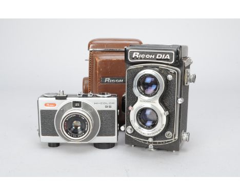 A Ricoh Dia TLR Camera, serial no 25423, medium speeds only working, meter reacts to light, meter bezel missing, together wit