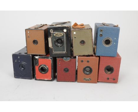 Nine Coloured Box Cameras, examples include a red No 2 Portrait Brownie, No 2 Brownies (red, olive green, brown and maroon), 