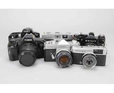 A Group of 35mm Film Cameras, comprising a Canon EOS 850 camera with EF 35-80mm f/4-5.6 III, a Fujica ST701 camera, a Minolta