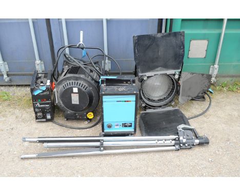 Two Quartzcolor Sirio 2500 Metal Halide Studio Lights, 2.5kW lamps each with barndoors, with one lighting ballast, one compac