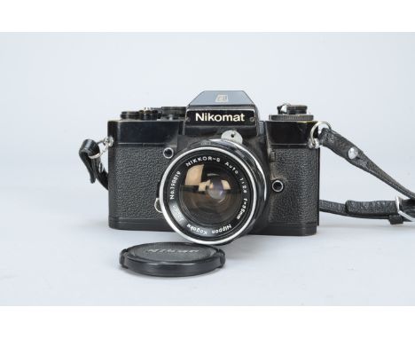 A Nikon Nikomat EL SLR Camera, black, serial no 5371693, shutter working, meter responds to light, F, meter coupling pin stif