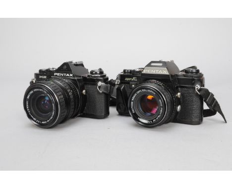 A Pentax Super A SLR Camera and a Pentax ME SLR Camera, a Super A camera, black, serial no 1096426, shutter working, with a S