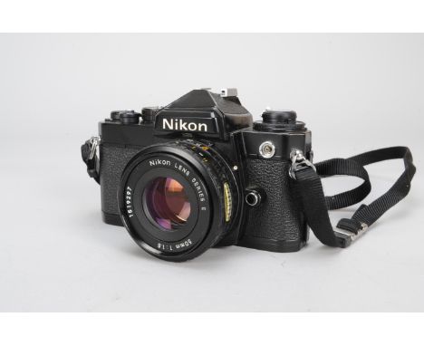 A Nikon FE SLR Camera, black, serial no 3389139, shutter working on mechanical speeds (B, M90), otherwise untested, body Good