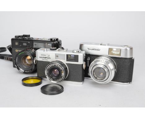 Three 35mm Compact Cameras, an Olympus 35 RC rangefinder camera, a Voigtländer Vito C camera and a Yashica Electro 35 rangefi