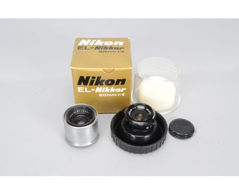 A Nikon El-Nikkor and a Ross Enlarging Lenses an El-Nikkor 50mm f/4 enlarging lens with bubble case and maker's box and a Ros