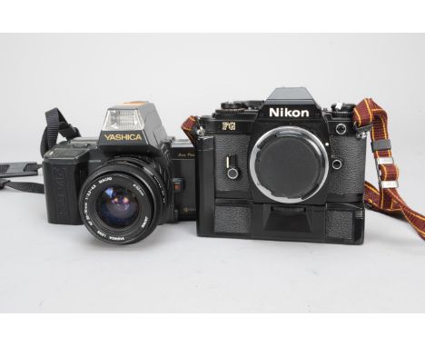 A Nikon FG SLR Body and Yashica 230-AF SLR Camera, FG body, black, shutter working, meter responds to light, with databack MF