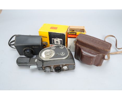 Various Cameras, a Quartz M cine camera, Ilford Sporti 4m, Brownie 44A in makers box and a Kodal Instamatic 