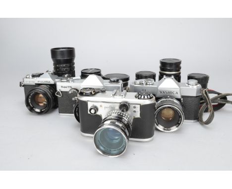 ANNOUNCE THE CORFIELD CAMERA SHOWN IN THE PICTURE IS NOT PART OF THIS LOT BUT BELONGS TO LOT 130Three SLR Cameras with Lenses