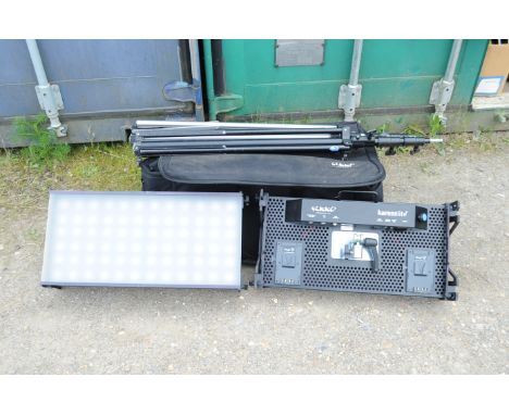 Two Gekko Karesslite LED lights, 12-40V softlights, with AC adapters,  Arri and Manfrotto stands and a soft bag, untested 