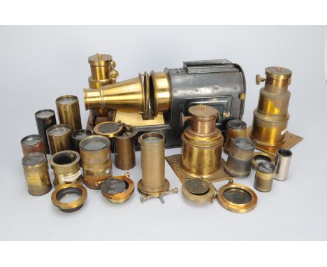 Magic Lantern and Obejctives, tin and brass lantern with slide changer, one pair of matching brass lenses possably for biunia