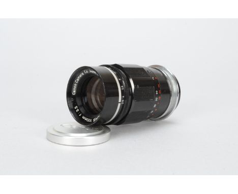 A Canon 100mm f/3.5 Lens, M39 mount, serial no 80524, barrel G, some light scratches, elements P-F, internal haze, with maker