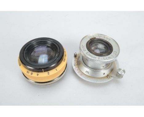 Leitz and Ross Lenses, A Leitz Elmar 5cm,  f/3.5 lens, collapsible in screw mount, barrel F, elements F, together with a Ross