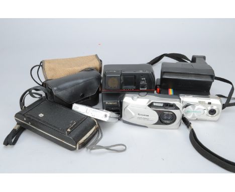 Compact Film and Digital Cameras, three Kodak cameras (Six-20 Junior folding, Brownie 127 bakelite, Instamatic 233-X), two Po