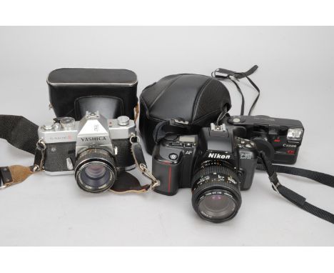 A Nikon and other SLR Cameras, a Nikon F-601 Quartz Date SLR camera with an AF Nikkor 35-70mm f/3.3-4.5 lens, a Yashica TL El