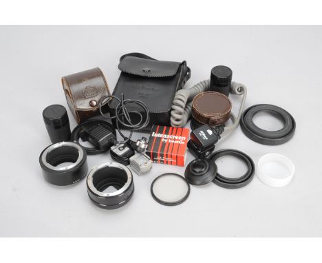 Nikon Accessories, including a Beattie intenscreen, film cartridges, lens hoods, convertors and other items  