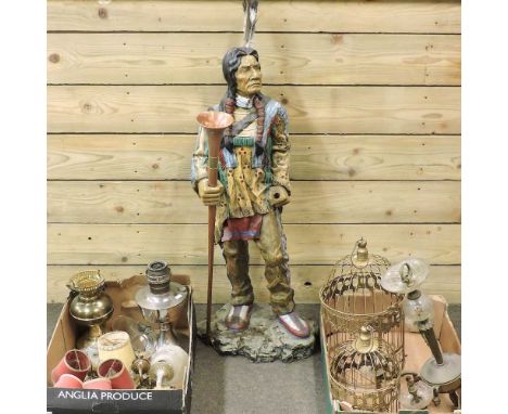 A collection of metalwares, to include a ceiling light, two bird cages and a figure, 96cm high 