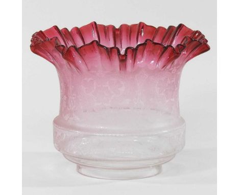 A pink and clear glass oil lamp shade, with a frilled rim and etched decoration, 17cm highCondition report: Dirty, with some 