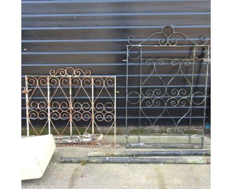 A wrought iron garden gate, 140 x 88cm, with posts, together with another smaller (2)